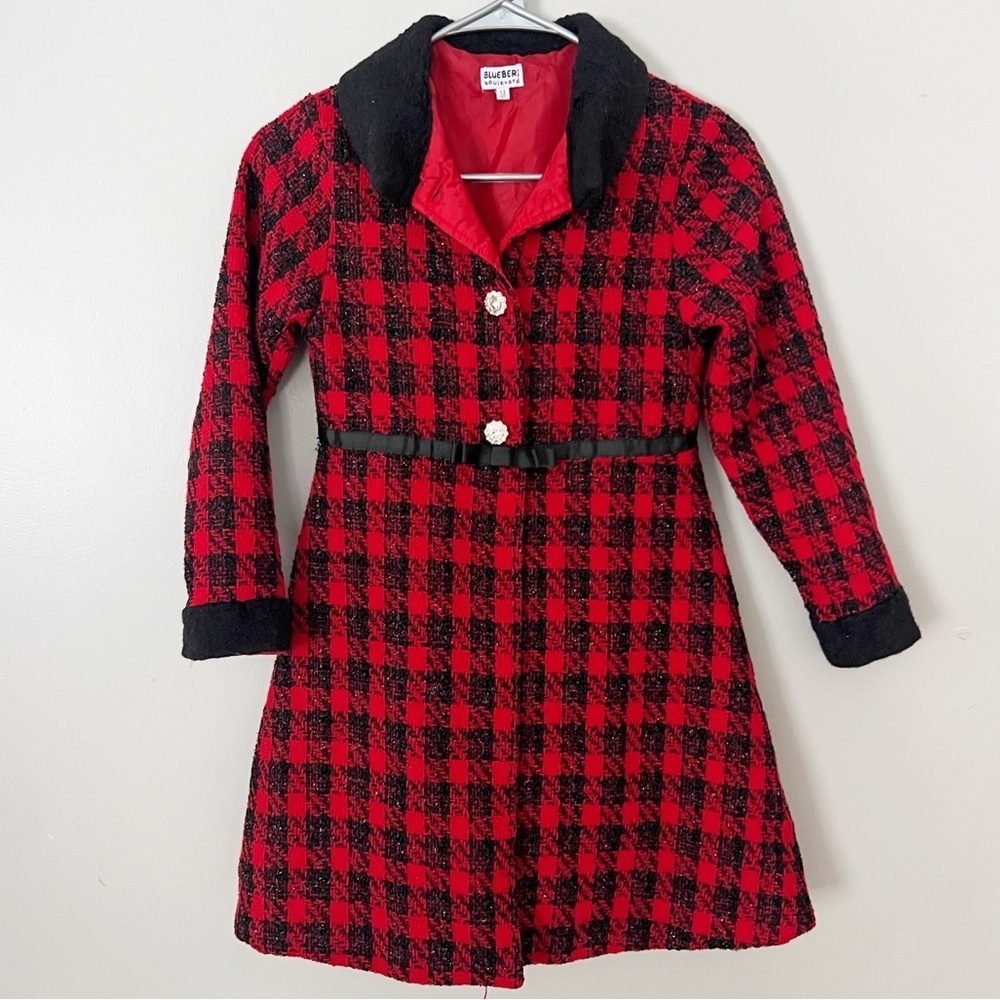 Blueberi Girls 10 Houndstooth Holiday Coat Red Black Sparkly Tweed Plaid Church